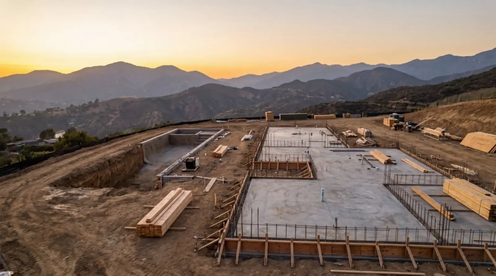 A raw construction site at sunrise — foundation poured, framing yet to come.